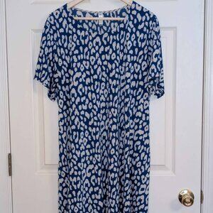 Boho Blue Leopard Print Midi Dress Stretchy Loose Fit Short Sleeve Plus Size